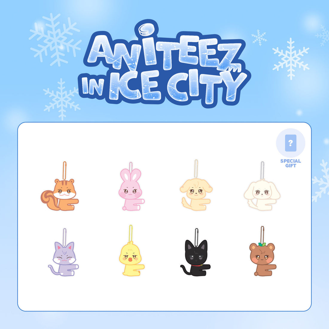 A collection of plush photocard holders with 8 character designs, including animals and fantasy creatures, promoting the 'ANITEEZ IN ICE CITY' series.