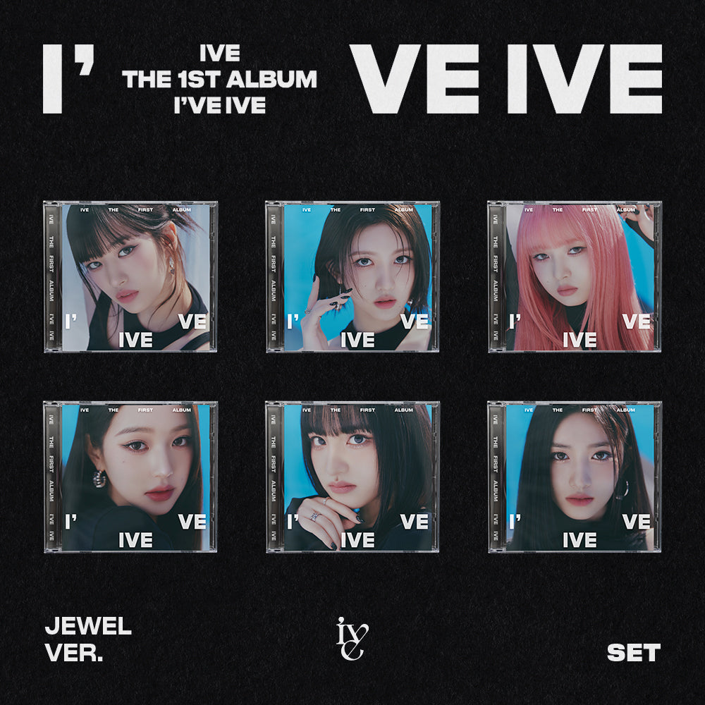 6 variations of the cover art for IVE's 1st Full Album, each featuring a different band member and the album title 'IVE' in bold text.