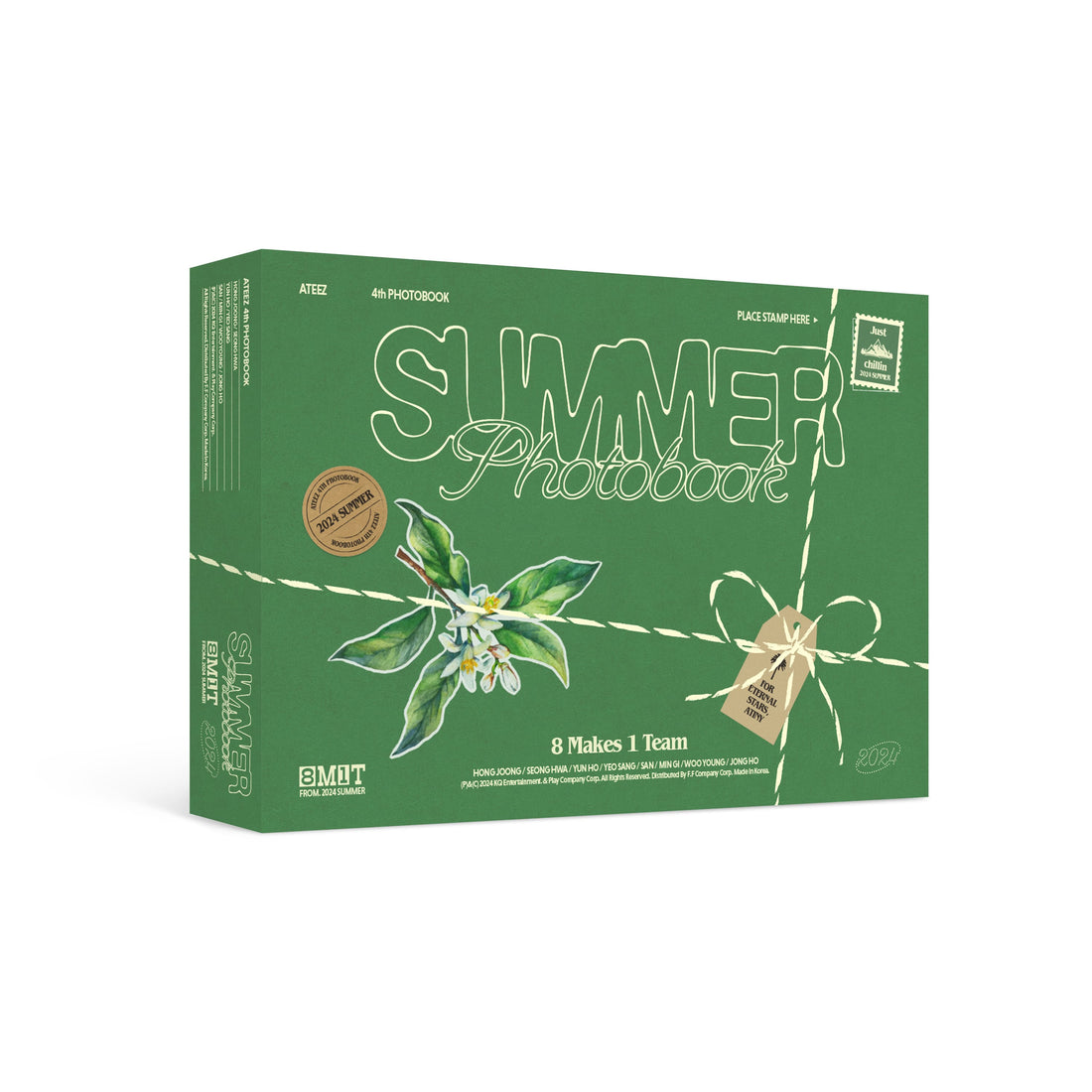 A green box packaging for ATEEZ 2024 SUMMER PHOTOBOOK with images of flowers and leaves on it, along with text and decorative elements.