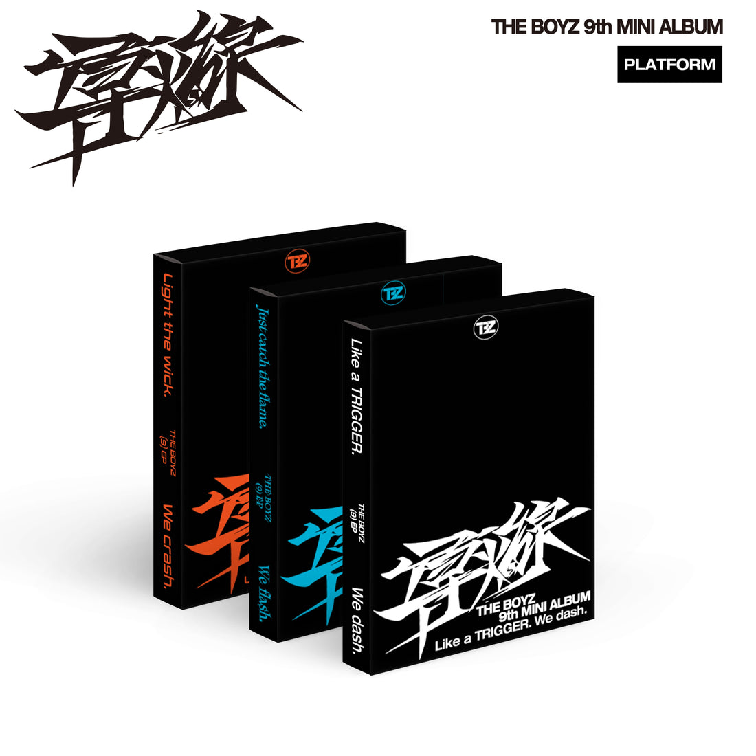 Concept artwork for The Boyz 9th Mini Album 導火線 (Detonator) Platform Version featuring We Flash, We Crash, We Dash and TRIGGER visuals
