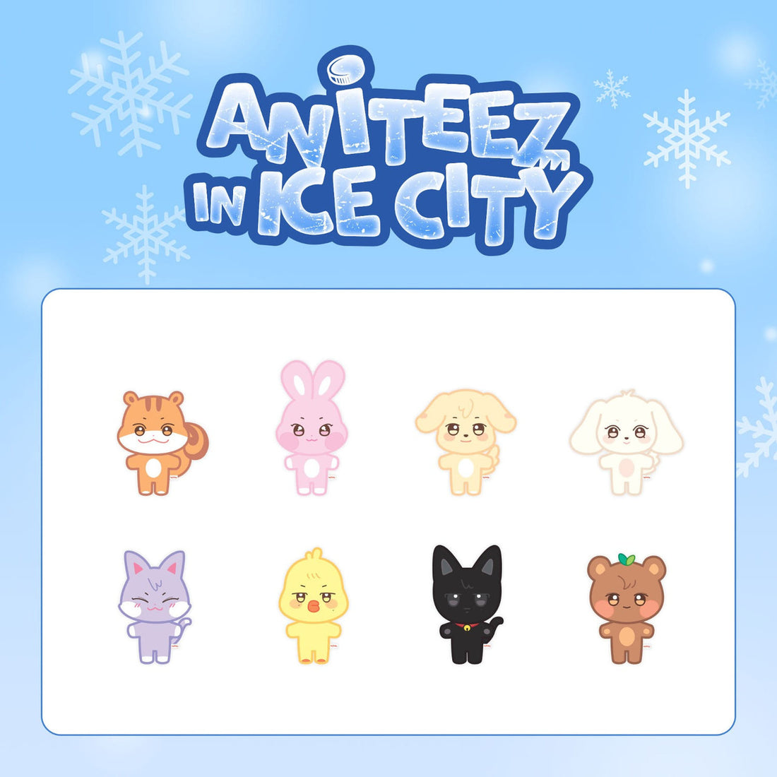 A collection of plushie characters from the AITEEZ IN ICE CITY series, featuring 8 cute animal designs in a cartoon style.