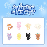 A collection of plushie characters from the AITEEZ IN ICE CITY series, featuring 8 cute animal designs in a cartoon style.
