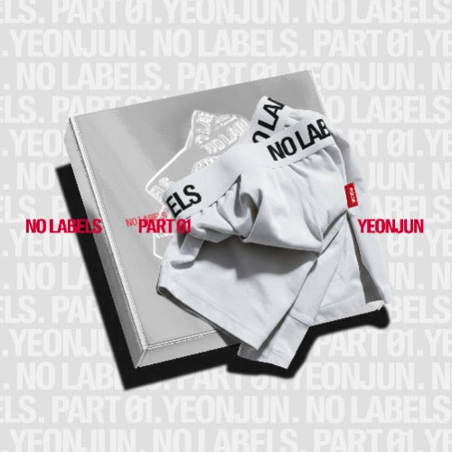 White clothing with 'NO LABELS' branding on a gray background with text.