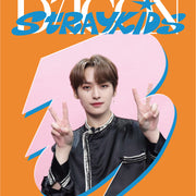 Cover of photocard collection with funky abstract graphics in orange and blue, a photo of Lee Know, and text that says “Stray Kids + Lee Know” and “Dicon Stray Kids”
