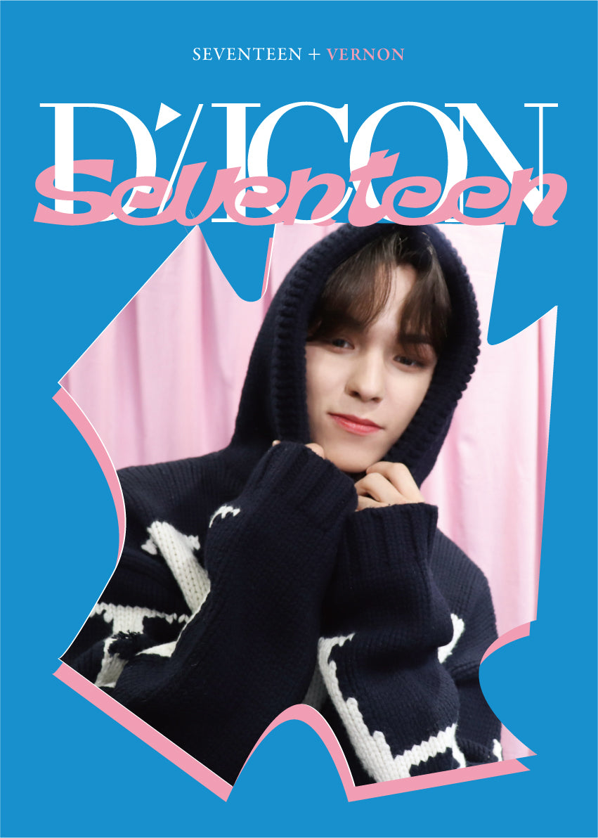 Cover of photocard collection with funky abstract graphics in Blue and pink, a photo of Hoshi, and text that says “Seventeen + Vernon” and “Dicon Seventeen”