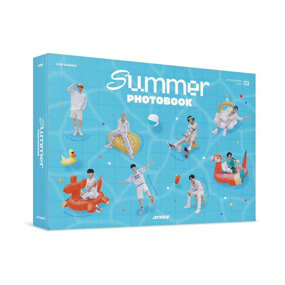 A photobook titled 'Summer Photobook' featuring members of the KPOP boy band ATEEZ in various playful summer-themed poses on the cover.