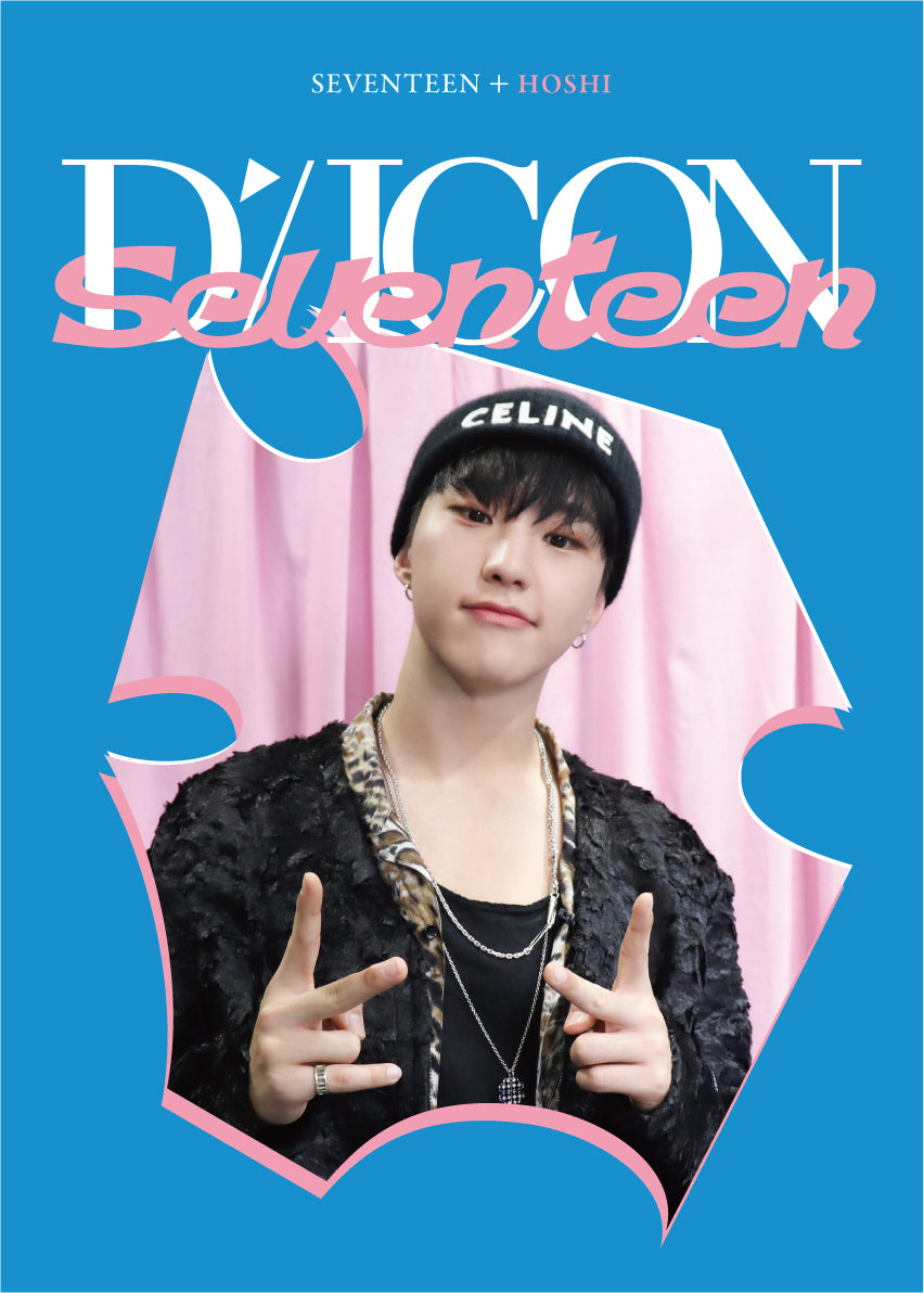 Cover of photocard collection with funky abstract graphics in Blue and pink, a photo of Hoshi, and text that says “Seventeen + Hoshi” and “Dicon Seventeen”
