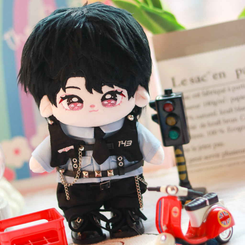 Front view of Changbin plushie inspired by Stray Kids’ Rockstar-era look
