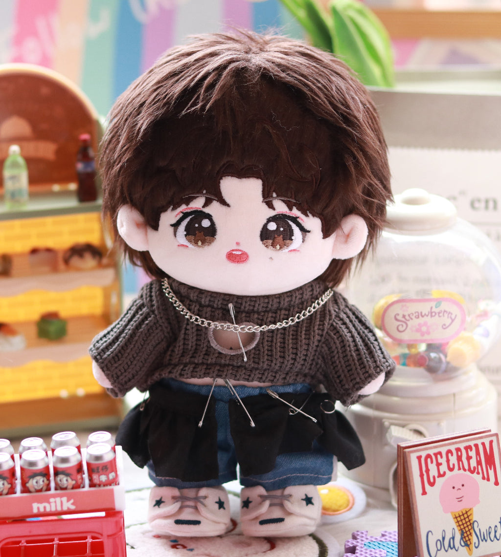 Stray Kids Han Plushie inspired by his Rockstar-era look, featuring ultra-soft fabric, removable clothing, and detailed embroidery.