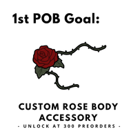 Red rose with thorns graphic on a white background with text about a custom rose body accessory goal.