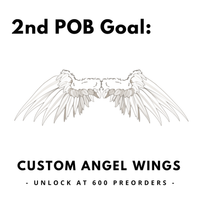 Custom angel wings design with text about a 2nd POB goal and preorder requirement.