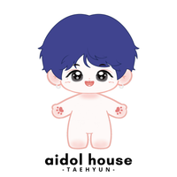 Cartoon character with blue hair and 'aidol house' logo on a white background