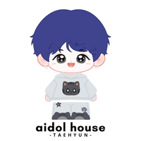 Illustration of a character with blue hair wearing a hoodie with a cat design, branded 'aidol house'.