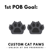 Two gray paw prints with text indicating a first production order goal for custom cat paws.