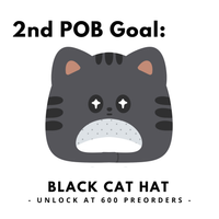Black cat hat with cartoon face on a white background, labeled as a 2nd POB goal.
