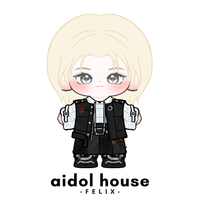 Felix plushie with a black outfit on a white background, featuring 'aidol house' branding.