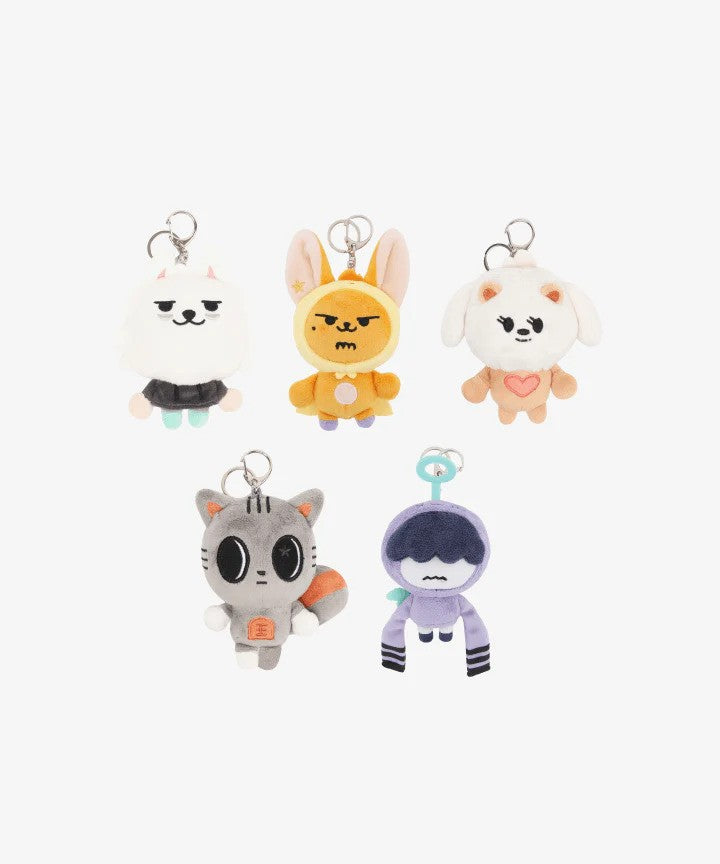 A collection of 5 Plux x Together cute plush keyrings, featuring Bamgeut, Choi Yong Meong, Da-Go-Nyang, Hhm Nay Ring, and Choi Yong Meong, Hwang Choon in different colors and poses.