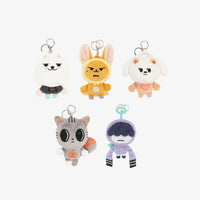A collection of 5 Plux x Together cute plush keyrings, featuring Bamgeut, Choi Yong Meong, Da-Go-Nyang, Hhm Nay Ring, and Choi Yong Meong, Hwang Choon in different colors and poses.