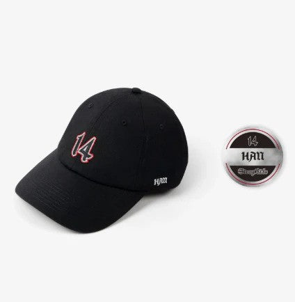 Black tour cap with “14” on the front and “Han” on the side