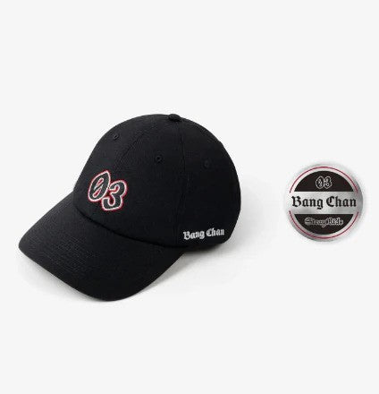 Black tour cap with “03” on the front and “Bang Chan” on the side