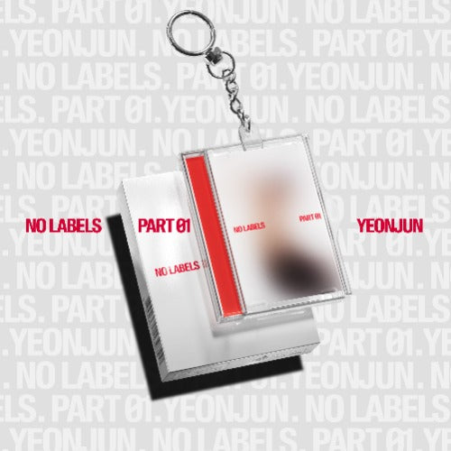Keychain with transparent card featuring 'NO LABELS' and 'Yeonjun' on a branded background.