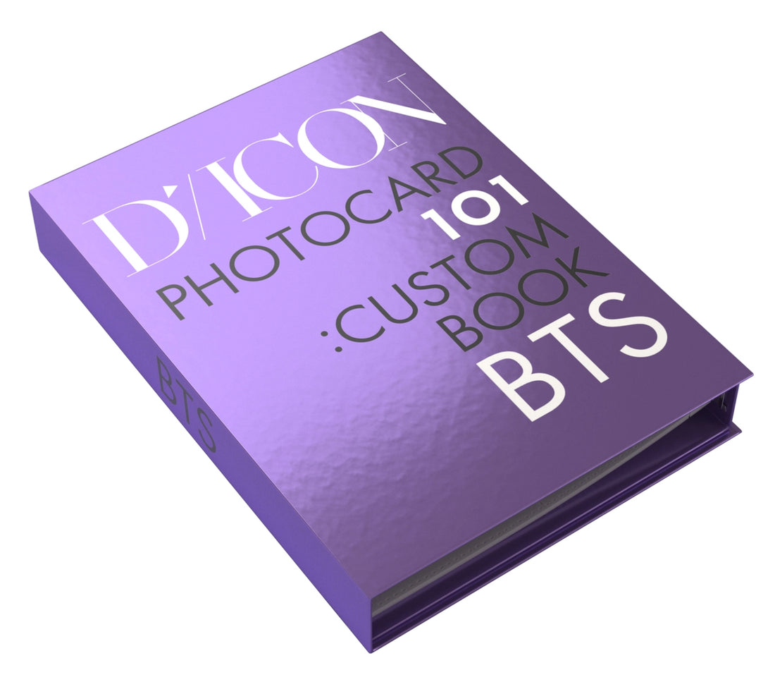A purple photocard book with 'DICON' and 'PHOTO CARD #101 CUSTOM BOOKS' text on the cover.