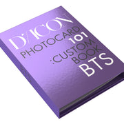A purple photocard book with 'DICON' and 'PHOTO CARD #101 CUSTOM BOOKS' text on the cover.