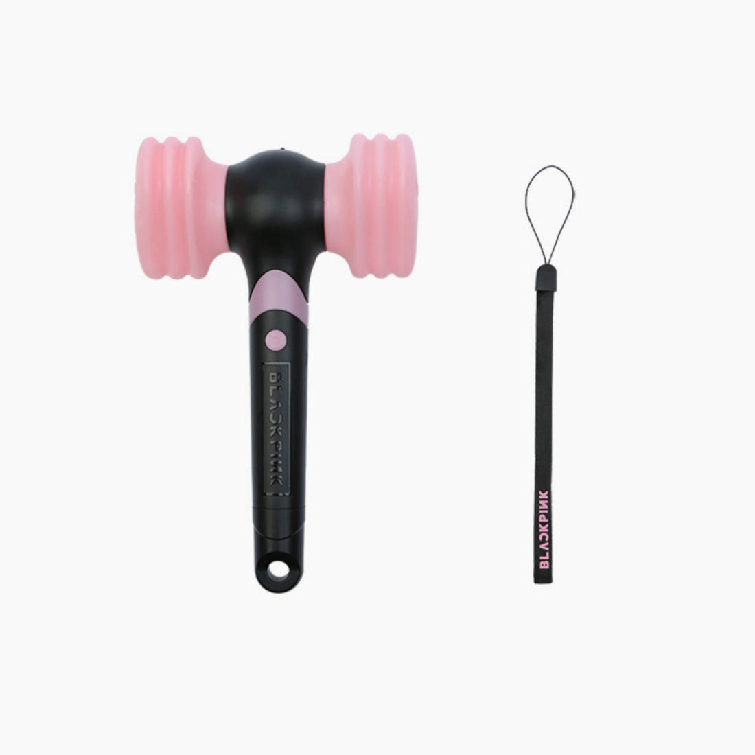 An official BLACKPINK light stick version 2 with a black handle and pink tips, along with a black lanyard with a small pink tag.