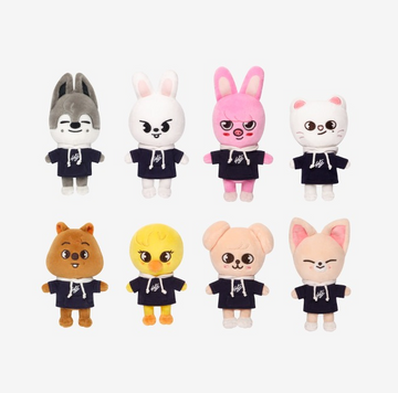 Stray Kids 樂-STAR Plush Mini Ver. group image featuring Wolf Chan, Leebit, Dwaekki, Jiniret, Han Quokka, BbokAri, PuppyM, and FoxI.N plush characters
