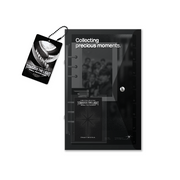 Black photo album with 'Collecting precious moments' text and a tag on a white background