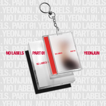 Keychain with transparent card featuring 'NO LABELS' and 'Yeonjun' on a branded background.